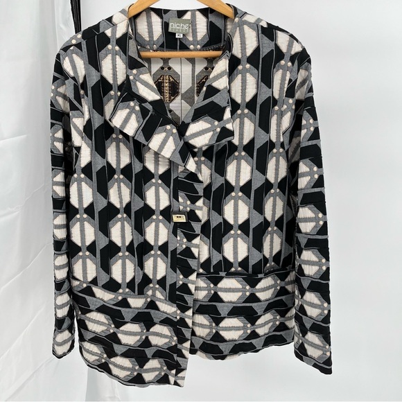 Niche Nilgun Derman Geometric Pattern Jacket Size XL Metallic Accents Big Button - Picture 2 of 13